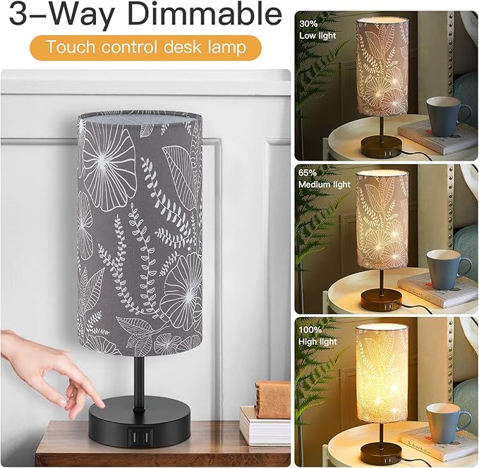 CINSARY Touch Control Bedside Lamp with 2 USB Ports, 3-Way Dimmable Table lamp for Bedroom, Nightstand Lamp with Round Grey Fabric Shade for Living Room Home Office (E26 LED Bulb Included)