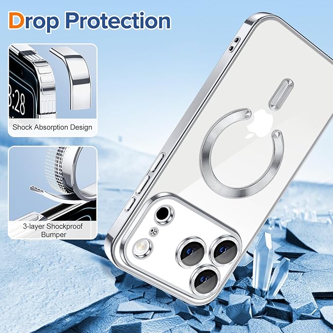 Hython Magnetic Clear for iPhone 17 Pro Case with Camera Lens Protector [Compatible with MagSafe] Luxury Plating Edge Slim Soft TPU Cover Protective Phone Case for iPhone 17 Pro 6.3", Silver