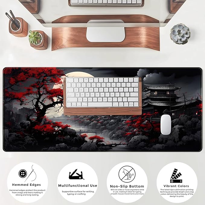 Riverside Full Moon Desk Mat Japanese Desk Pad Black Red Large Mouse Pad Gaming Mousepad Extended XXL Keyboard Pad 31.5 x 11.8 in Laptop Computer Mouse Keyboard Mat for Office Decor