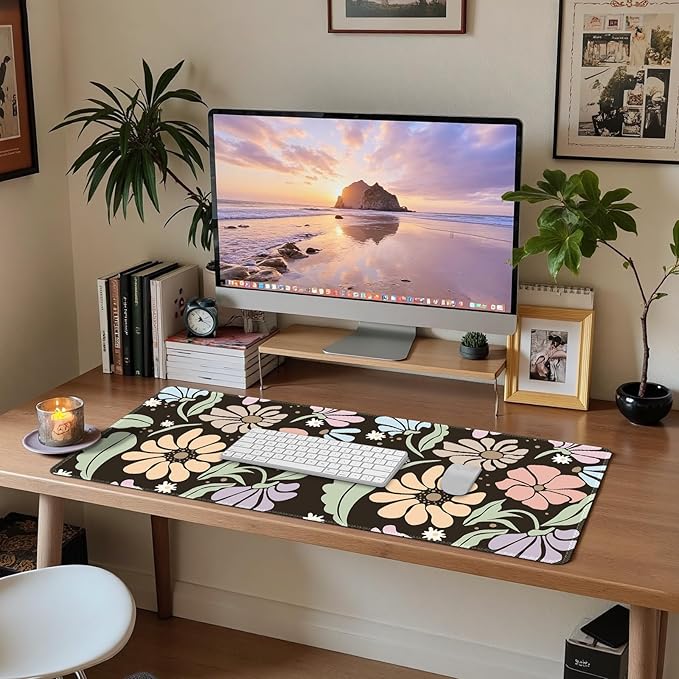 ARTSO Black Large Desk Mat,XXL Gaming Mouse Pad,Non Slip Desk Pad with Rubber Base,Floral Extended Keyboard Mat with Stitched Edges for Office Home School