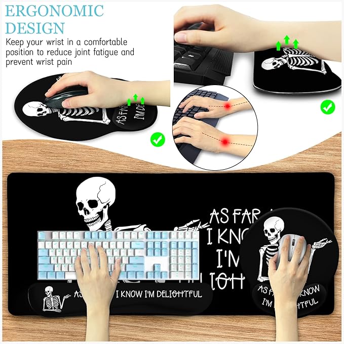 LIMKRIAN Ergonomic Mouse Pad with Wrist Rest Desk Mat Set, Skeleton Gaming Mouse Pads, Keyboard Mat Wrist Rest Cup Coaster, Funny Office Desk Accessories