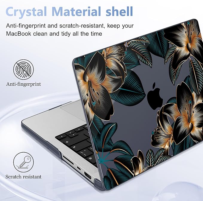 May Chen for 2026 MacBook Pro 14-inch M5 M4 M3 M2 M1 Pro/Max Chip, Release 2026 2025-2021, Model A3427 A3426 A3434 A3112 A3401 A3185, Plastic Hard Shell with Keyboard Cover, Golden Lilies Flowers