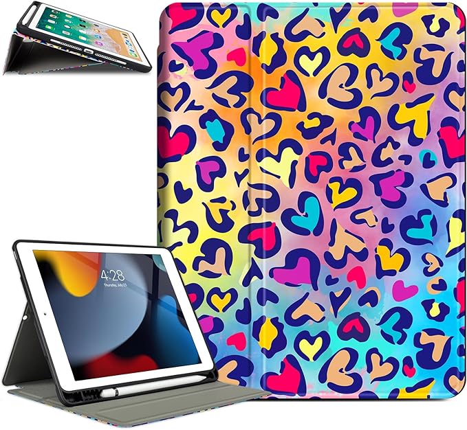 for iPad Air 2/1 Case 2014/2013, for iPad 5Th/6Th Generation Case 2017/2018, Slim fit iPad Cases 5th/6Th Generation 9.7-inch, 4 Viewing Angles & Typing Stand & Pencil Holder, Love Leopard