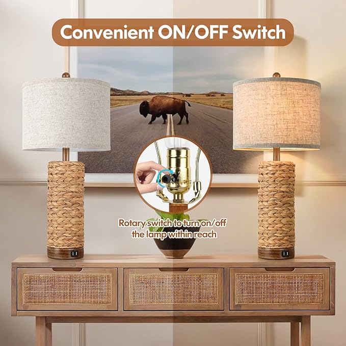 Rattan Table Lamp for Living Room with 2 USB Ports, 27In Tall Bedroom Table Lamp with Hand-made Seagrass Base, Rustic Farmhouse Large Bedside Nightstand Lamp for End Table, E26 Socket, Rotary Switch