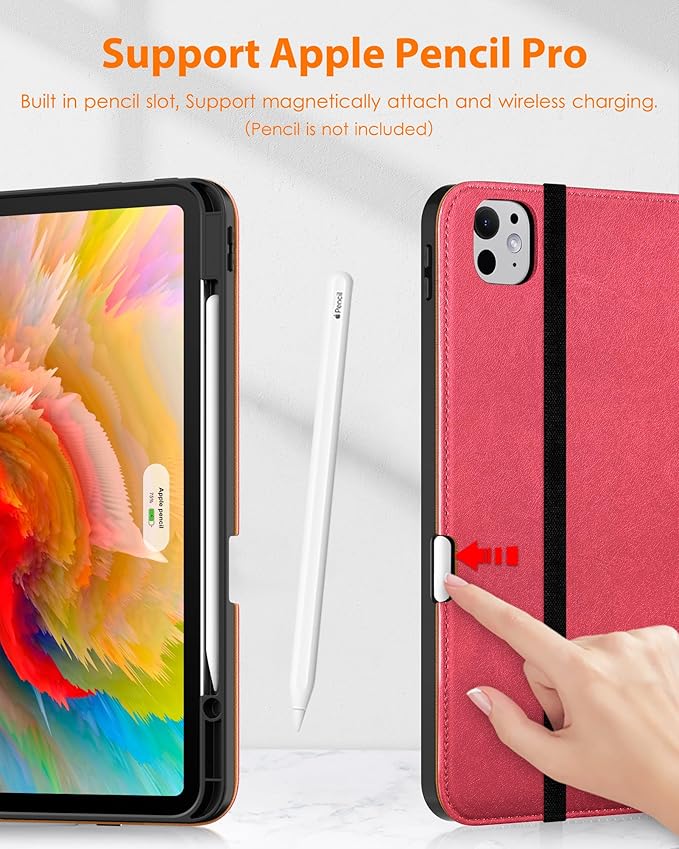 DTTO for iPad Pro 13 inch Case (M5/M4) 2025/2024, Premium Leather Business Folio Stand Cover with Pencil Holder-Auto Wake/Sleep & Multiple Viewing Angles, Built in Hand Strap & Pocket, Watermelon red