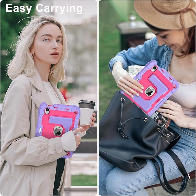Kids Friendly Case for Apple iPad mini 7 A17 Pro 2024/iPad Mini 6 2021 8.3 Inch 7th/6th Gen Case with Pencil Holder & Shoulder Strap, Shockproof Kickstand Hard Shell Protective Cover,Rose+Purple