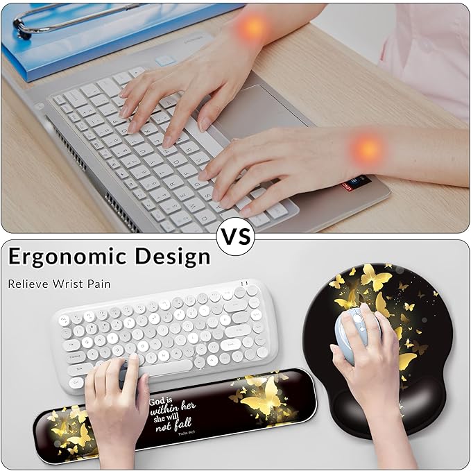 Desk Mat Set + Keyboard and Mouse Pad with Wrist Rest Support,4-in-1 Large Mousepad Computer Mats for Desktop Home & Office-Golden Butterflies