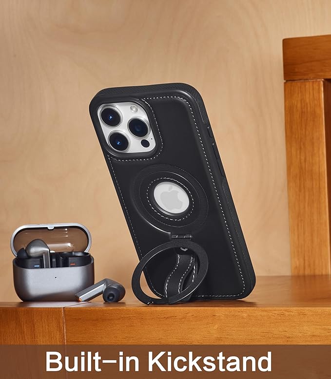 Butaiga for iPhone 16 Pro Leather Case with Stand, Anti-Slip Grip Ring, Fits for MagSafe (Black, iPhone 16 Pro)