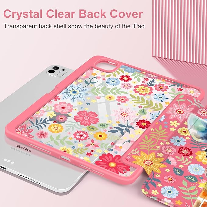 Case for iPad Pro 11 inch (M5) 2025 (M4) 2024 Release Slim Lightweight Cute Hot Pink Cover with Clear Back TPU Edge Pencil Holder Trifold Stand, Giraffe