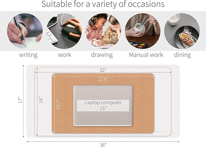 RENMTURE Dual-Sided Mouse Pad, Natural Cork & PU Leather Large Desk Pad for Office and Home Work, Desk Protector Non-Slip, Waterproof, Easy Clean (White, 32"x16")