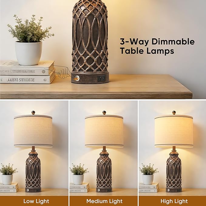 WIHTU Farmhouse Table Lamps Set of 2, Black-Gold Resin Table Lamps with USB Ports, Touch Button Switch, Woven Wicker Pattern, Linen Shade, Nightstand Lamp for Decor (2 Bulbs Included)
