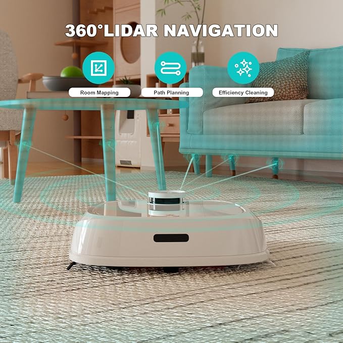 TECBOT Robot Vacuum and Mop (M1 Pro) - LiDAR Robotic Vacuums Cleaner for Home with Pet Hair, Carpet, Hardwood Floors, Auto Smart Mopping, Self Cleaning, Avoids Obstacles, Voice Control, White