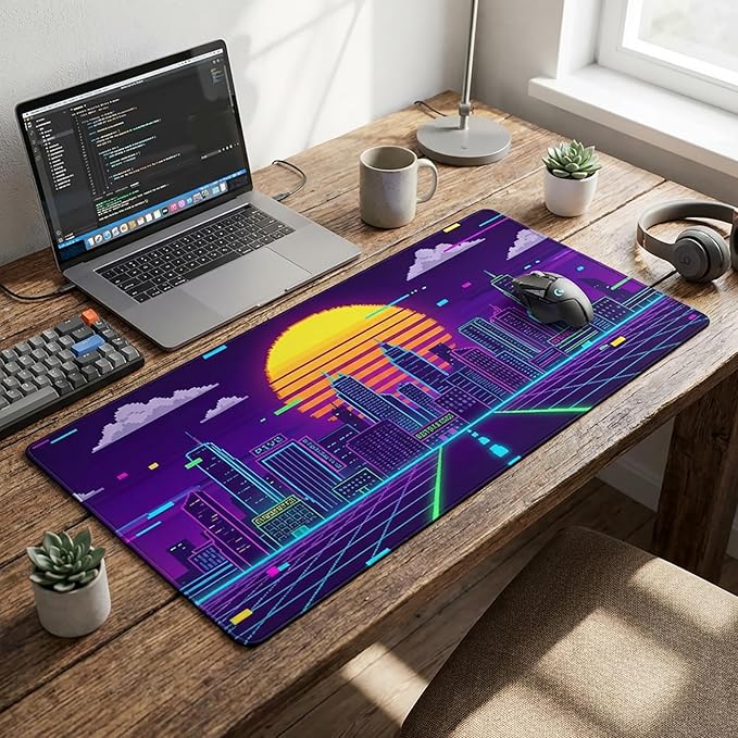 AQQA XL Gaming Mouse Pad - Retro Synthwave Pixel Art Desk Mat, Cyberpunk Neon City Sunset Design,Large Extended Mousepad with Stitched Edges,Non-Slip Rubber Base for Gamers,Home Office & Studio Decor