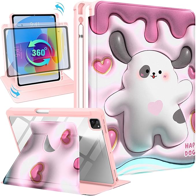 Uppuppy for iPad Air 11 inch Case, Air 5th/4th Generation 10.9, Pro 11'' Case Women Girls for Apple Pencil Holder Cute Kawaii Cartoon Dog Rotating Folio Cover for Apple iPad Air 5/Air 4/Pro 11"