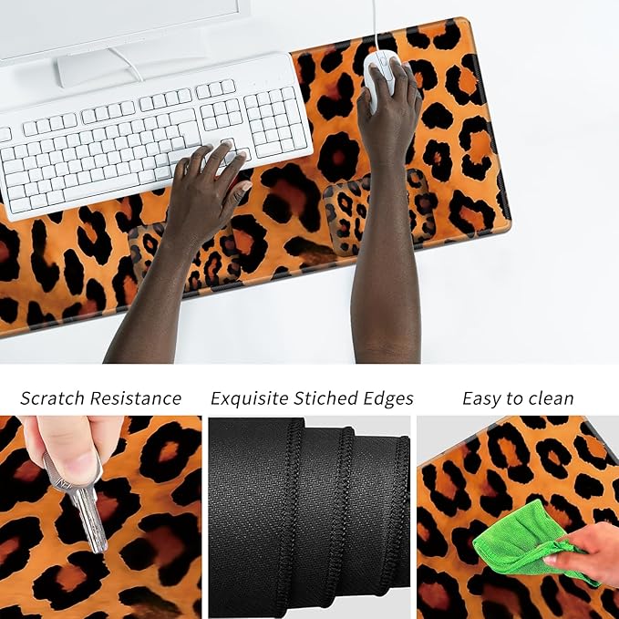 Wrist Elbow Support Arm Rest Desk Mouse Pad Set,Large Mouse Pad + 2 Elbow Rest Pad + Coaster,(31.5×11.8 in) Ergonomic Memory Foam for Office,Gaming,Computer,Laptop-Leopard Print