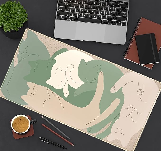 Cute Sleeping Cats Desk Mat Matcha Green Desk Pad, Minimalist Boho Mouse Pad XXL, Cream Tan Gaming Deskmat, Large Kawaii Keyboard Mat, Fun Office Decor Desk Accessories for Women 31.5"x15.75"