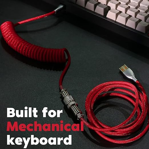 EPOMAKER Mix 1.8m Coiled Type-C to USB A TPU Mechanical Keyboard Space Cable with Detachable Aviator Connector for Gaming Keyboard and Cellphone (Red)