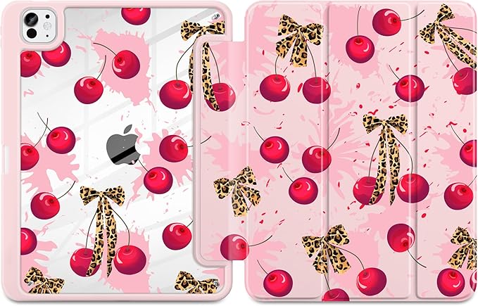 Case for iPad Pro 11 Inch (M5 2025 M4 2024) – [Built-in Pencil Holder], Shockproof & Stylish, Clear Hard Back + Soft TPU Edge, Magnetic Trifold Stand, Auto Wake/Sleep, Cherry & Leopard