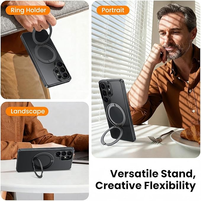 360°Ring Stand for Samsung Galaxy S26 Ultra Case with 1X Screen Protector +1X Camera Cover,Fit for MagSafe, Translucent Matte Cover & Scratch-Resistant Back Cover for Galaxy S26 Ultra 6.9", Black