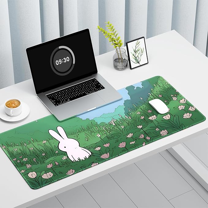 Auhoahsil Ultra Large Gaming Mousepad, XXL Extended Full Size Desktop Matt for Keyboard, Laptop & Computer, 35.5 x 15.7 in, Anime Bunny Green Grass