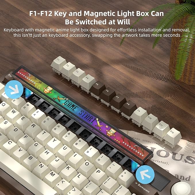 Womier 75% Wireless Mechanical Keyboard with Screen and Knob, Retro Creamy Bluetooth Gaming Keyboard Custom Clear Anime Light Box, RGB/Hot Swappable/PBT Keycaps, VIA Programmable for Mac/PC, K80 Brown