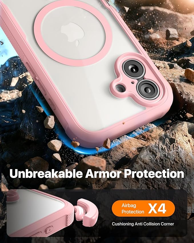 Diaclara Magnetic Designed for iPhone 17 Case Full Body Bumper,[Compatible with MagSafe] Military Drop Proof Cover with Built-in Touch Sensitive Anti-Scratch Screen Protector,Pink