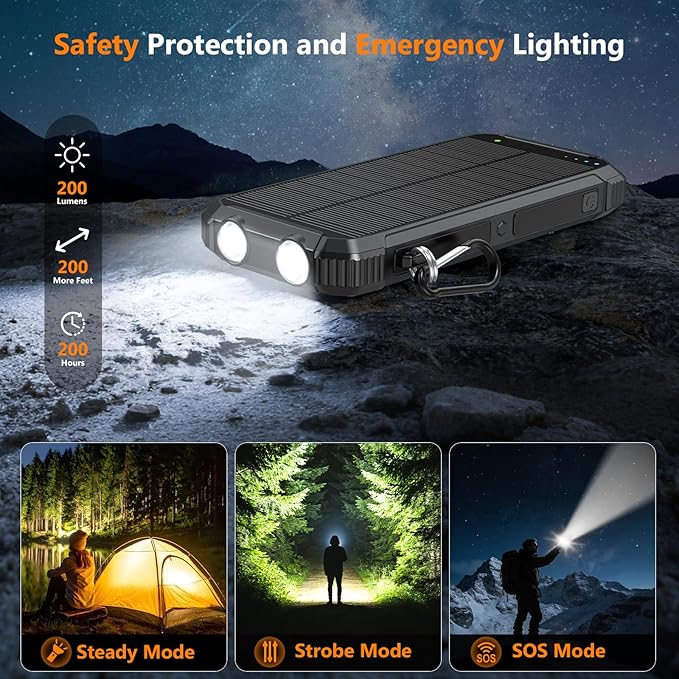 Solar Power Bank 20000mAh Wireless Portable Charger Built-in 3 Cables 15W USB-C Fast Charging Black Battery Pack Compatible with iPhone, Samsung, Emergency LED Flashlights Perfect for Camping, Hiking