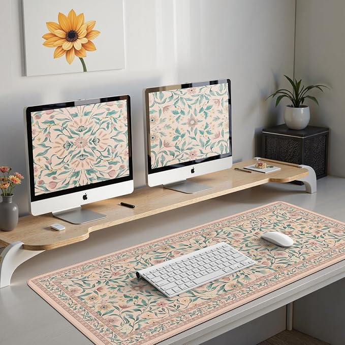 iLeadon Desk Mat for Keyboard and Mouse, Cute Mouse Pads for Computer, Non-Slip Floral Gaming Mousepad 35.4x15.7 Inch, Pink Desk Mat with Stitched Edges for Home Office (Pink)