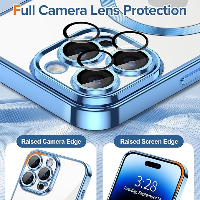 Hython Magnetic Clear for iPhone 14 Pro Max Case with Camera Lens Protector [Compatible with MagSafe] Plating Edge Slim Soft TPU Cover Protective Phone Case for iPhone 14 Pro Max 6.7", Light Blue