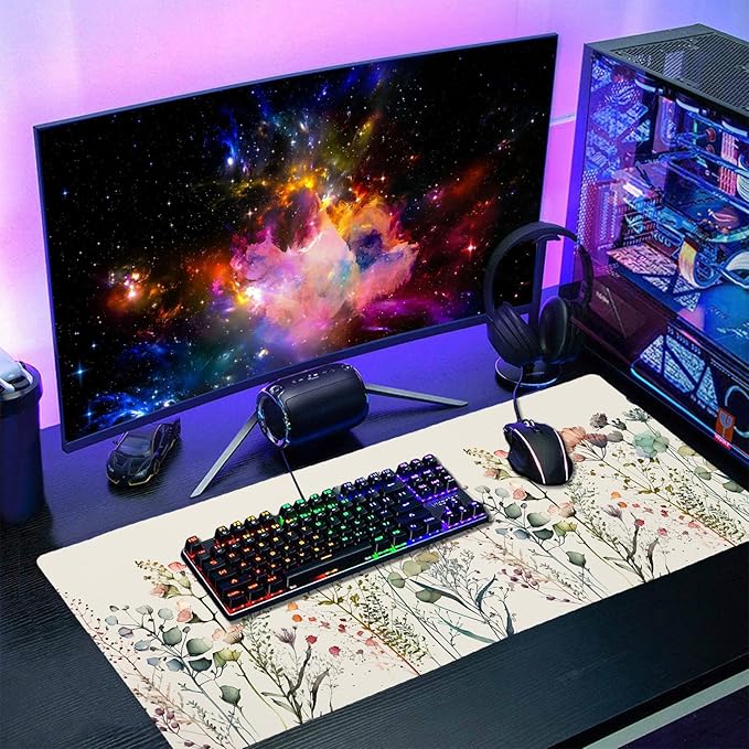 Cute Wild Flowers Mouse Pad XXL Boho Aesthetic Floral Chic Plant Extended Table Mat 90X40 cm Non-Slip Rubber Base Stitched Edge Large Mousepad for Gaming Laptop Computer Desk Top 35.4×15.7 Inch