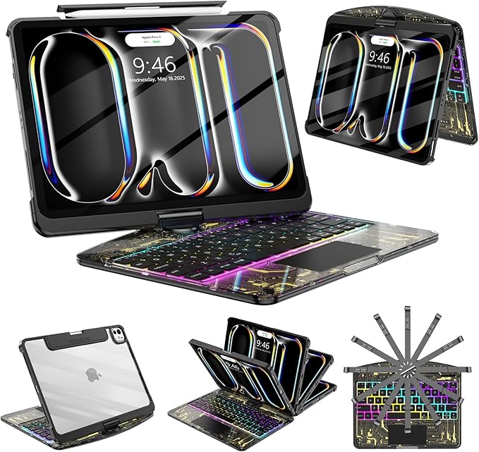 SIBEITU Keyboard Case for iPad Pro 11 Inch M5 2025 /M4 2024, Clear Wireless 360 Rotatable iPad Pro11 Cover, Multi-Touch Trackpad & Visible PCB High-Tech Design, 7-Color Backlight & 3-Brightness, Black