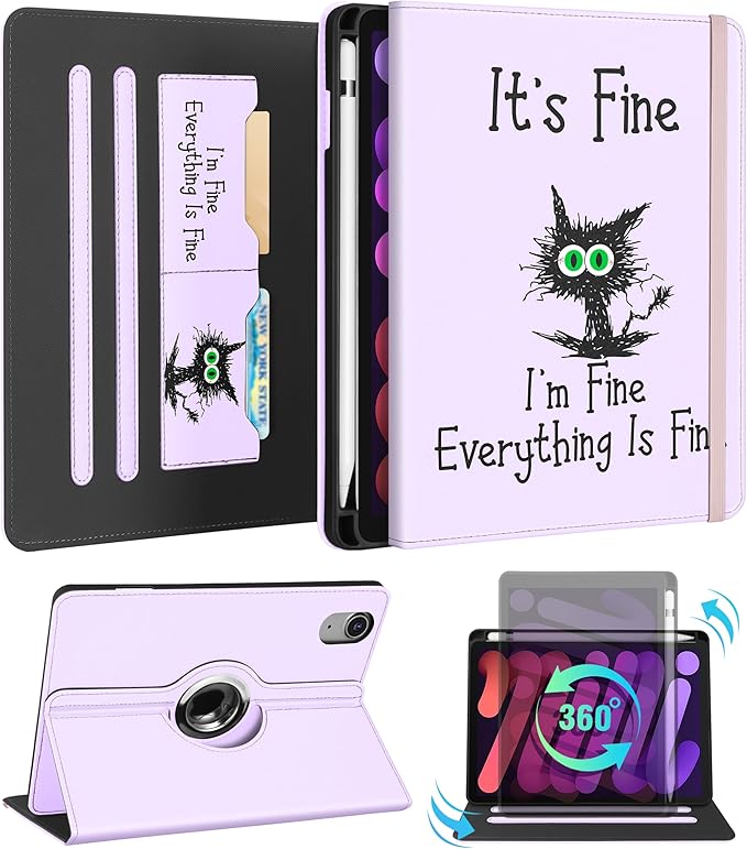 Kidcube for iPad mini 7 Case A17 Pro 2024, for iPad mini 6th Generation Case 8.3 Inch - Women Girls Kid Cute Rotating Stand Folio Cover with Pencil Holder & Card Slot Girly Kawaii Cat Unique Cover