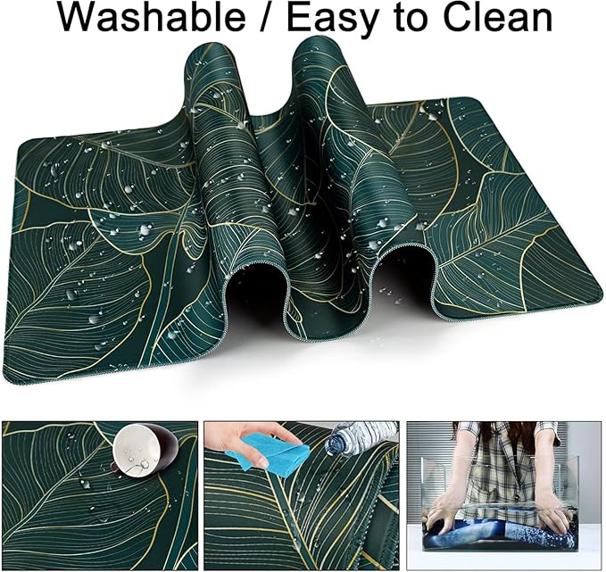Large Gaming Mouse Pad with Coaster, Desk Matt for Desktop, Desk Pad, Mouse Pads Mat, Stitched Edges Big Extended Mousepad for Computer Keyboard Laptop Office Decor, 31.5'' x15.6''-Green Leaves2