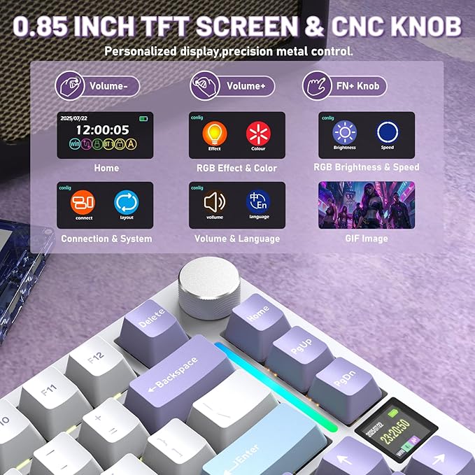 A.JAZZ Attack Shark X820Ultra 75% Wireless Mechanical Gaming Keyboard and Coiled Cable Hot Swappable 2.4GHz/Bluetooth/Wired Keyboard with Screen & Knob RGB Backlit Gasket Mount Gift Switch-Starwhite
