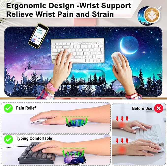 Keyboard Wrist Rest + Mouse Pad with Wrist Support + Desk Mat + Coaster 4 in 1 Set, XXL Large Gaming Mousepad Cute Ergonomic Mouse Pads for Desk Computer Laptop Office Decor-Forest Moon