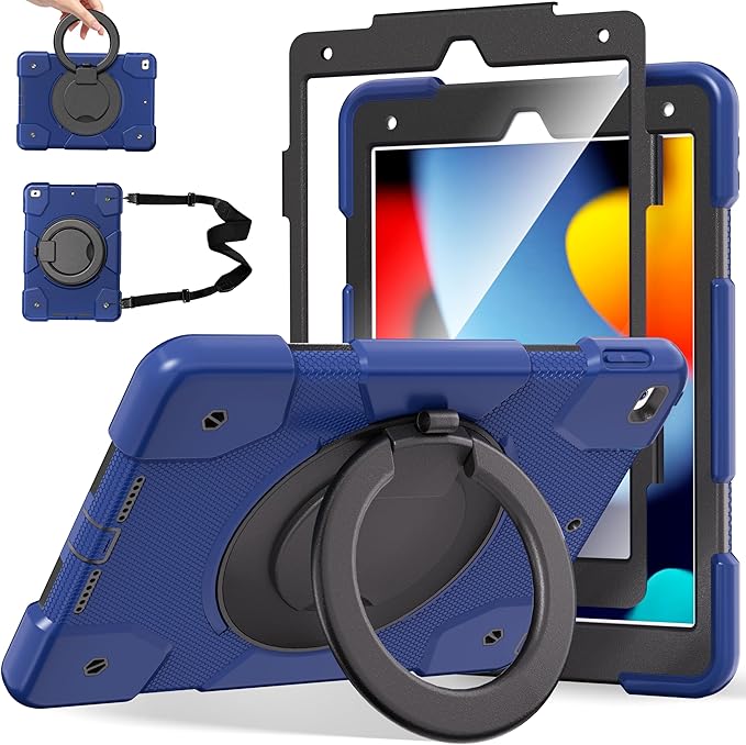 Andnary Case for iPad 9th/8th/7th Generation 10.2 inch, Shockproof Cover with Screen Protector/360° Rotate Stand/Pencil Holder/Shoulder Strap, Kids Case for iPad 2021/2020/2019 (Navy+Black)