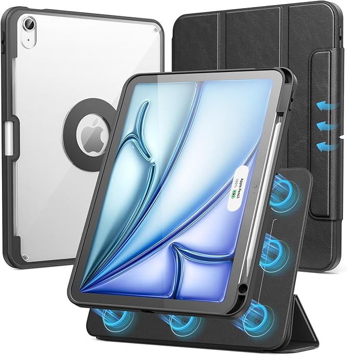 SPARIN Case for iPad Air 11 inch M3/ M2, iPad Air 7th/6th/5th/4th Gen (2025/2024/2022/2020) 10.9 inch,Case with Apple Pencil Holder, Detachable Magnetic Cover, Portrait and Landscape Stand, Black