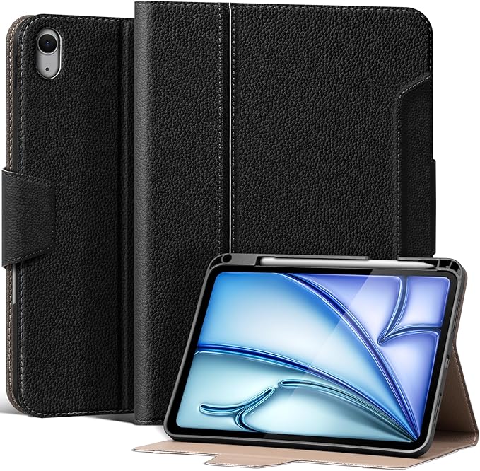Leather Case for iPad Air 11" M2/M3/M4 (2024-2026) & 10.9" 4th/5th Gen (2020/2022) with Pencil Holder, Auto Wake/Sleep, Adjustable Stand & Magnetic Buckle Closure, Black