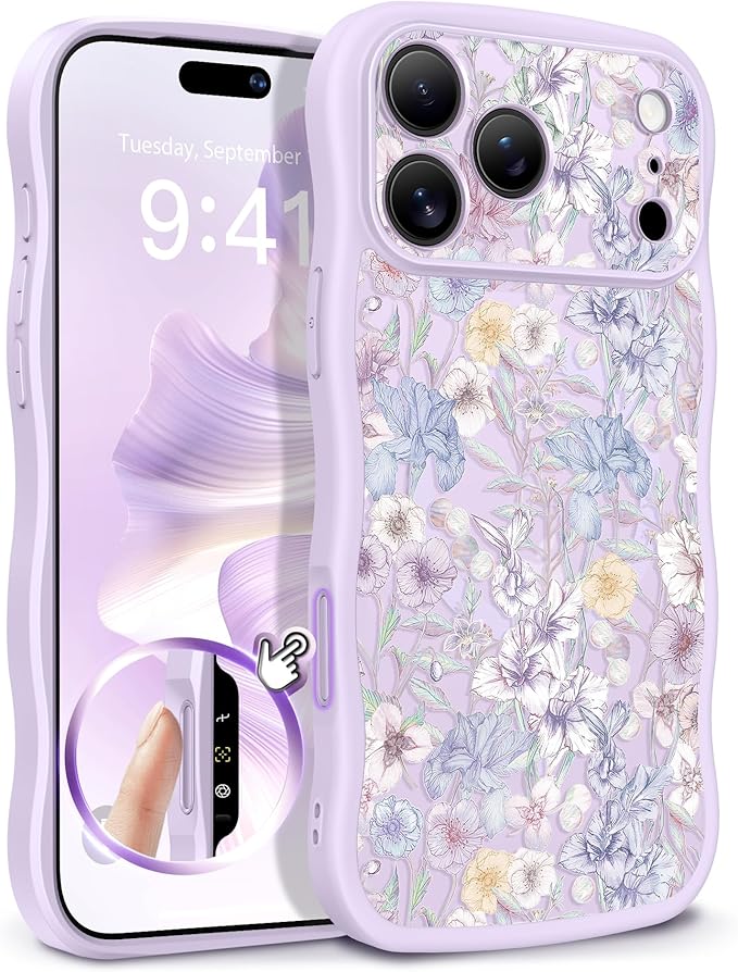 GVIEWIN for iPhone 17 Pro Case Compatible with MagSafe [Curly Wave Edge][Full Camera Protection] Floral Translucent Shockproof Magnetic Women Phone Case for iPhone 17 Pro 6.3'', Apricot Blossom/Purple