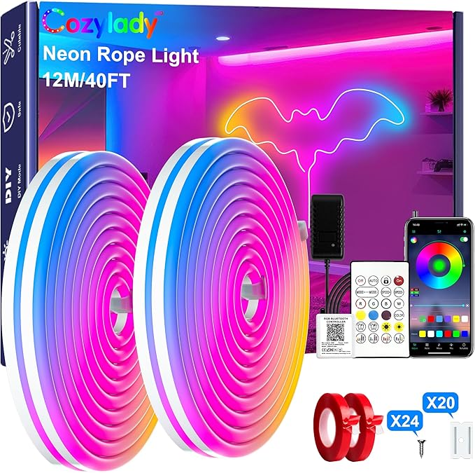 Cozylady RGB Neon LED Rope Lights, Waterproof Bluetooth APP Remote Control Music Sync Strip Lights, 24V Flexible DIY Silicone Light for Bedroom Home Indoor Outdoor Decor (12M/40Ft)