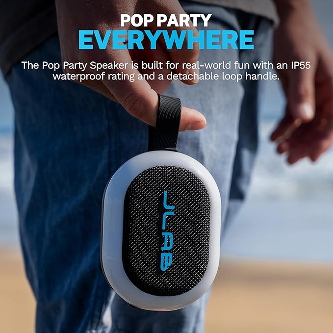 JLab, Pop Party, Portable Bluetooth Speaker, Waterproof IP55, Customizable RGB LED, Black