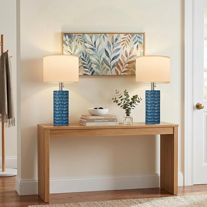 Reaketon Table Lamps for Living Room Set of 2, Ceramic Table Lamps for Bedroom, 20" Modern Lamps for Night Stands, Blue