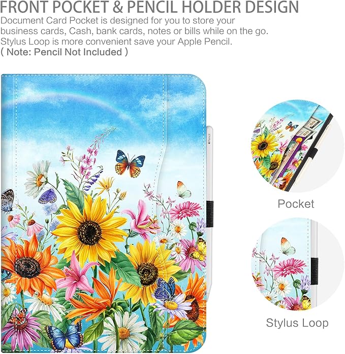 Case for iPad Air 13-inch M4/M3/M2, iPad Pro 12.9 6th/5th/4th/3rd Generation Case with Pencil Holder Multi-Angle Adjustable Stand Shockproof Pocket/Hand Strap/Auto Wake Sleep Sunflowers Butterfly