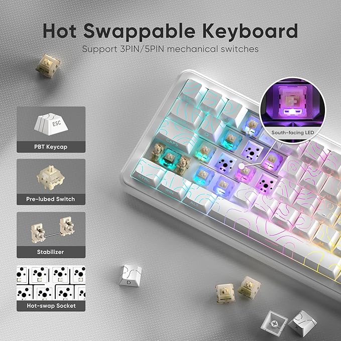 RedThunder K65 Wireless Mechanical Keyboard, CNC Knob, Tri-Mode BT5.0/2.4GHz/USB-C Hot Swappable Custom, Pre-lubed Linear Coconut Switches, Gasket Structure, RGB Gaming Keyboard, White Contour Lines