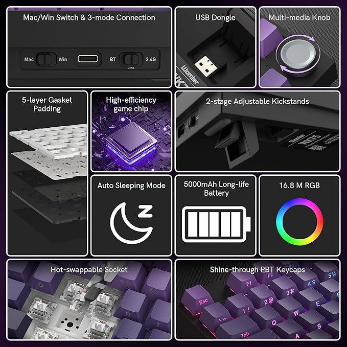 COSTOM WK75 75% Wireless Gaming Mechanical Keyboard,BT5.0/2.4GHz/USB-C, Hot Swappable Pre-lubed Custom Linear Switches,Gasket Structure,RGB Backlit Keyboard for PC/Laptop/Xbox/PS4/PS5 (Purple)