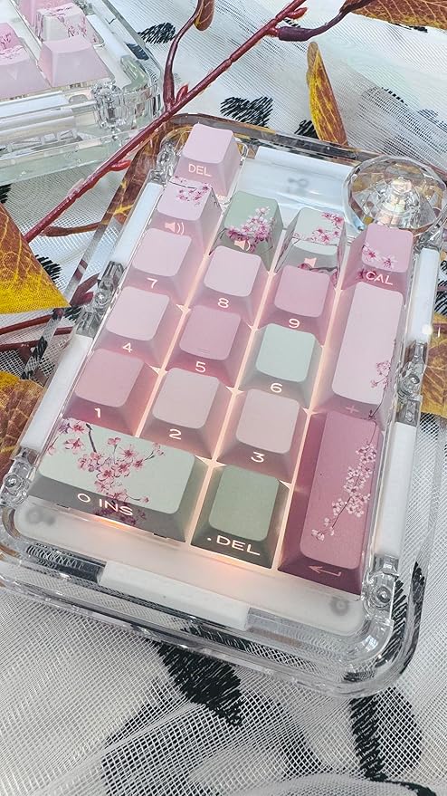 Peach Blossom Keycaps Side Print Custom Cherry Profile PBT Shine Through Keycaps Pink Green 128 Keys for Mechanical Keyboards 60% 65% 75% Backlit Key Caps