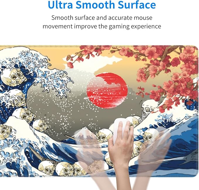 Japanese Waves Skull Mouse Pad Extended Large Gaming Mouse Pad XL Stitched Edges for Gamer Home Office 31.5 X 11.8 Inch