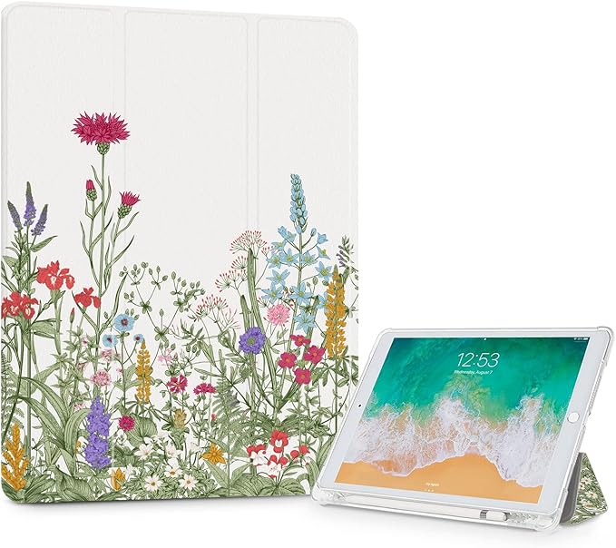 Case for iPad 9th/8th/7th Generation, Case for iPad 9th Generation 10.2 Inch with Pencil Holder, cases for iPad 8th Generation Tri-fold Cover Multi-Angle View Adjustable Stand Auto Wake/Sleep, Flowers