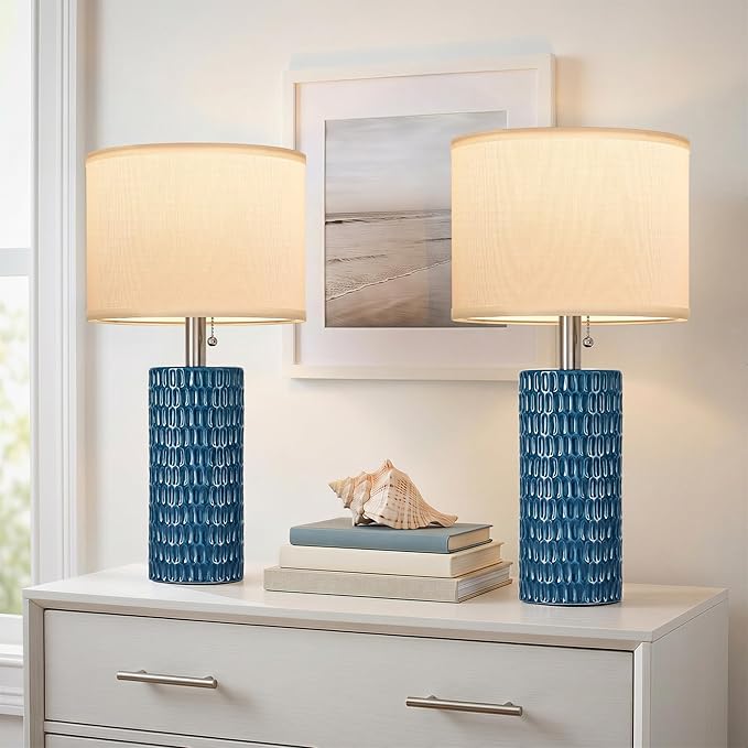 Reaketon Table Lamps for Living Room Set of 2, Ceramic Table Lamps for Bedroom, 20" Modern Lamps for Night Stands, Blue