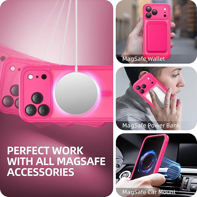 BERFY for iPhone 17 Pro Max Case, Compatible with MagSafe, Built-in Privacy Screen Protector, Camera Protection, Shockproof Full Body Phone Case 6.9", Translucent Hot Pink